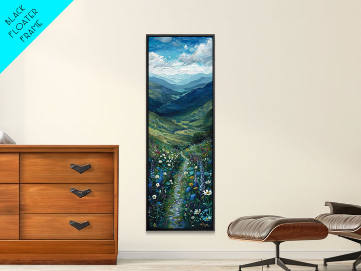 Secret Path Through The Wild Flowers, Framed Canvas Print, Unique Wall Art, Minimalist Landscape Painting, Wood Frame Art, Sofa Decor, Springtime Art