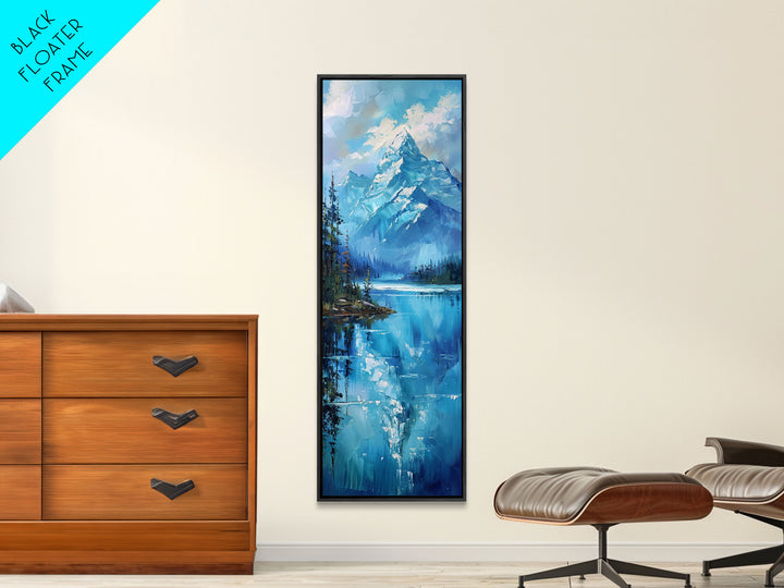 Mountain Reflections In The Lake Framed Canvas Print, Boho Style Oil Painting Print, Minimalist Decor, Unique Gift Idea, Skinny Art For Small Spaces