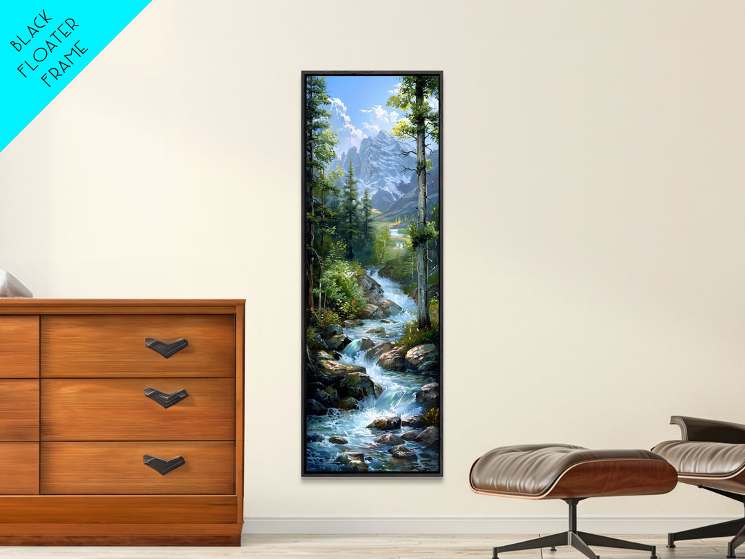 Majestic Mountain Stream In A Serene Forest Landscape, Farmhouse And Minimalist Art Style, Boho Wall Art In Tall Canvas Print