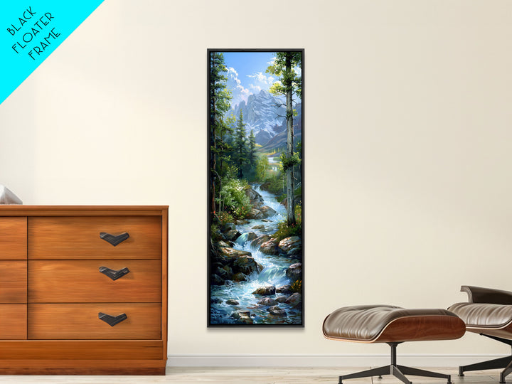 Majestic Mountain Stream In A Serene Forest Landscape, Farmhouse And Minimalist Art Style, Boho Wall Art In Tall Canvas Print