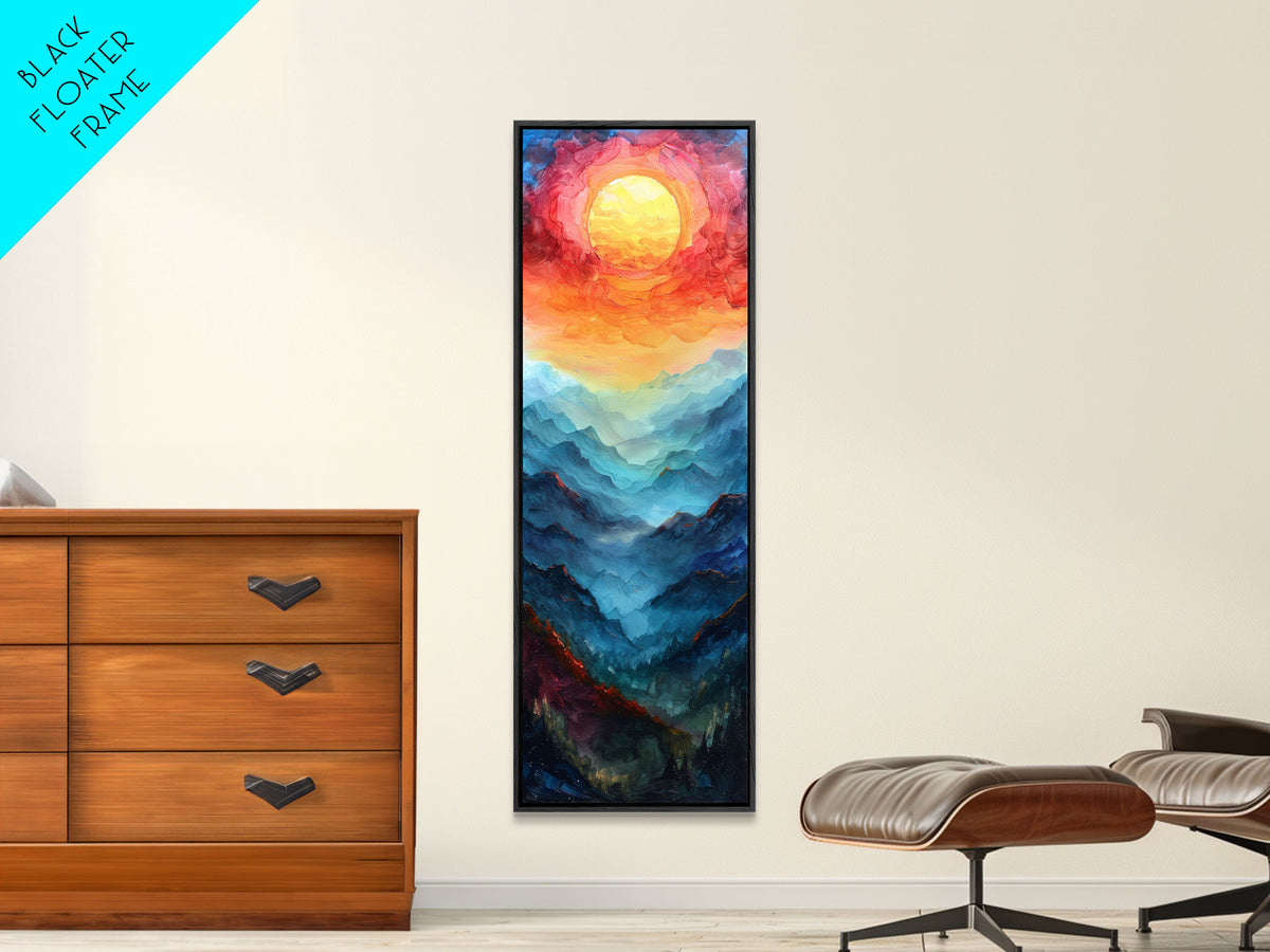 Majestic Sunrise Over Mountain Range Boho Sunset Landscape Framed Canvas Print Tall Art Japanese Style Art