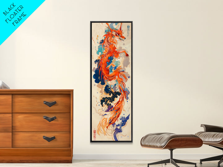 Majestic Red Dragon Soars Skinny Art Tall Art Japanese Ukiyo-e Inspired Mythical Creature Framed Canvas Print