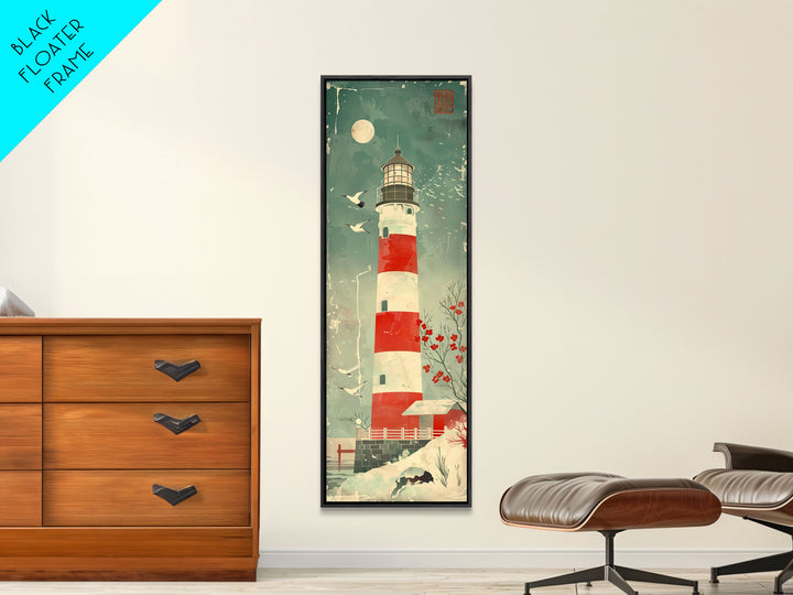 Japanese Woodblock Print Of A Traditional Lighthouse Surrounded By Seagulls Framed Canvas Print Ready To Hang For Wall Art Decor