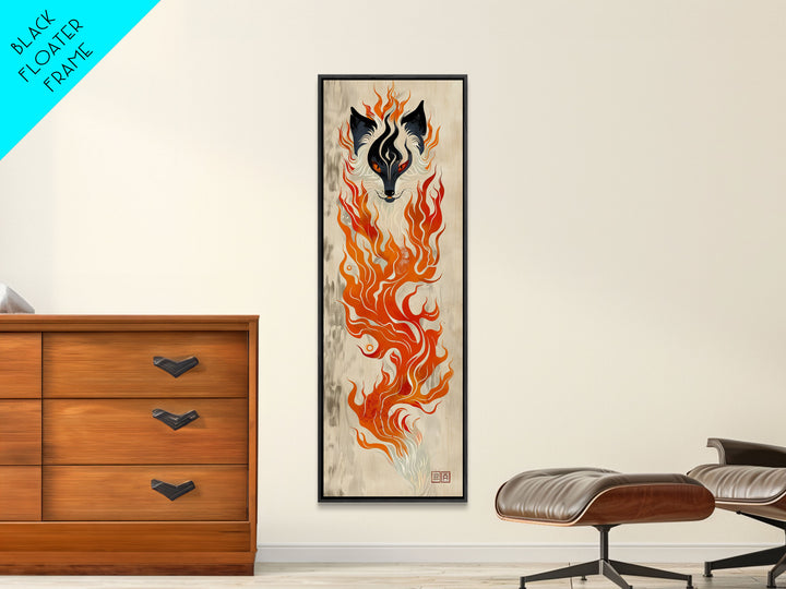 Fiery Kitsune Spirit Skinny Art Tall Art Japanese Ukiyo-e Inspired Mythical Creature Framed Canvas Print