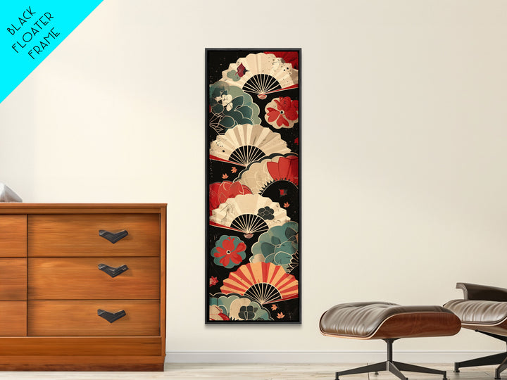 Japanese-Inspired Fan Art in Bold Red and Cream Accents on Tall Vertical Canvas Print Featuring Elegant Floral Design