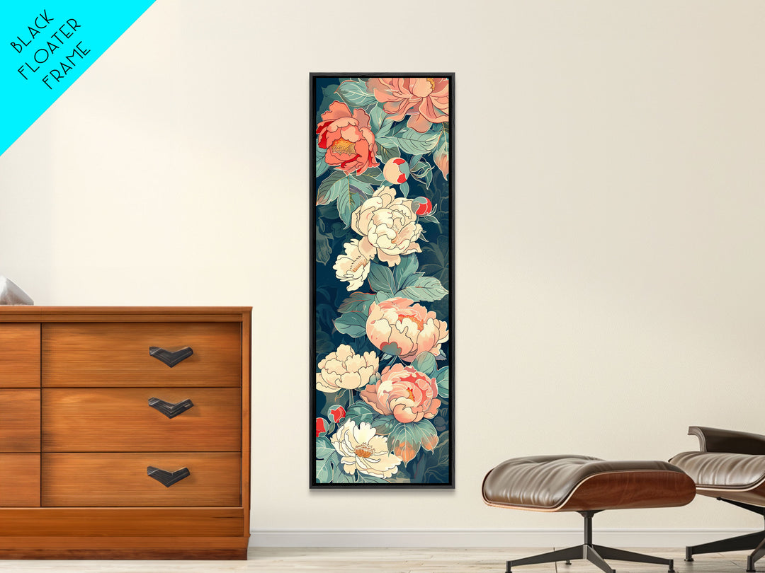 Delicate Peony Blossoms in Soft Pastel Hues on Japanese-Inspired Tall Vertical Canvas Print for Elegant Floral Decor