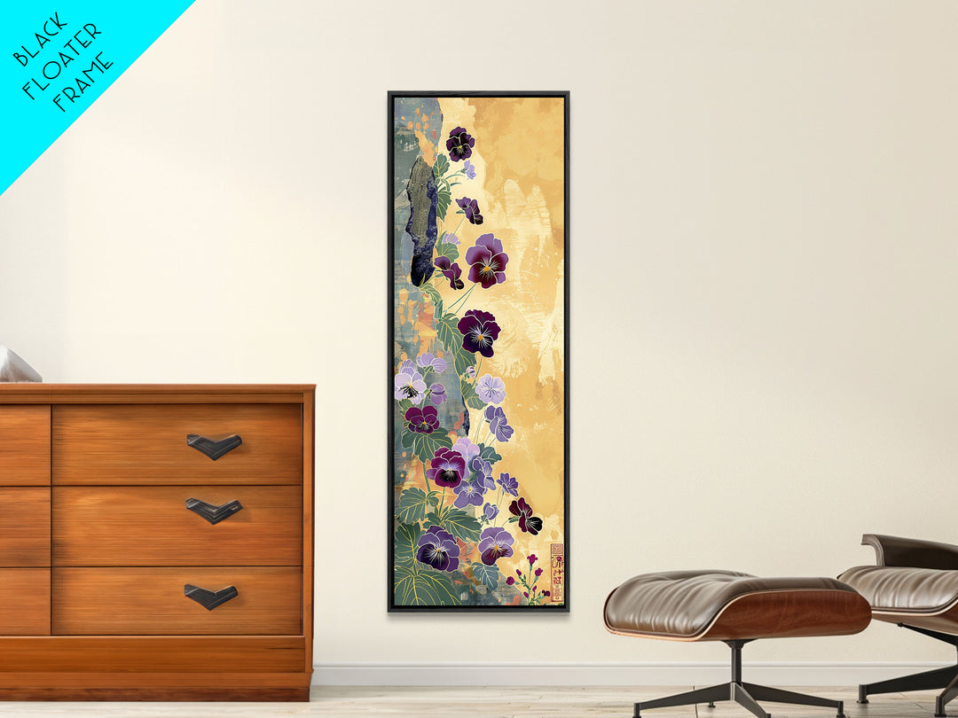 Deep Purple Pansy Flowers Against Textured Gold Background on Tall Vertical Canvas Print for Rich Floral Wall Decor