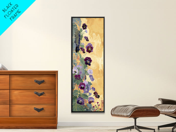 Deep Purple Pansy Flowers Against Textured Gold Background on Tall Vertical Canvas Print for Rich Floral Wall Decor