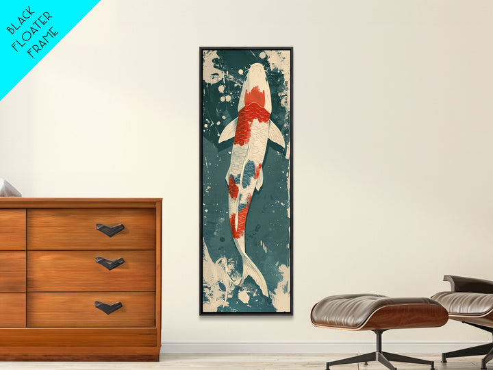 Serene Koi Fish Swimming in Deep Blue Water with Red Accents on Tall Vertical Japanese-Inspired Canvas Print