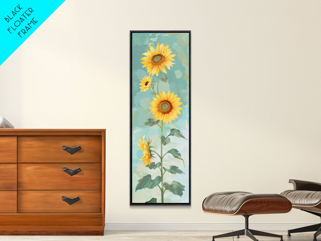 Japanese Skinny Art of Sunflowers with Golden Petals and Verdant Stems on a Pastel Blue Background – Framed Canvas Print