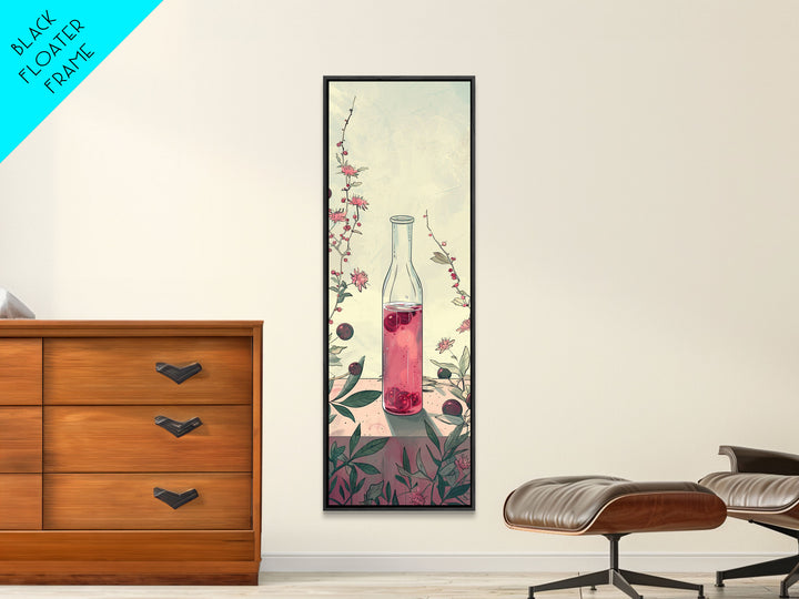 Skinny Art of Still Life with Elegant Glass Bottle and Floral Accents – Japanese-Inspired Framed Canvas Print
