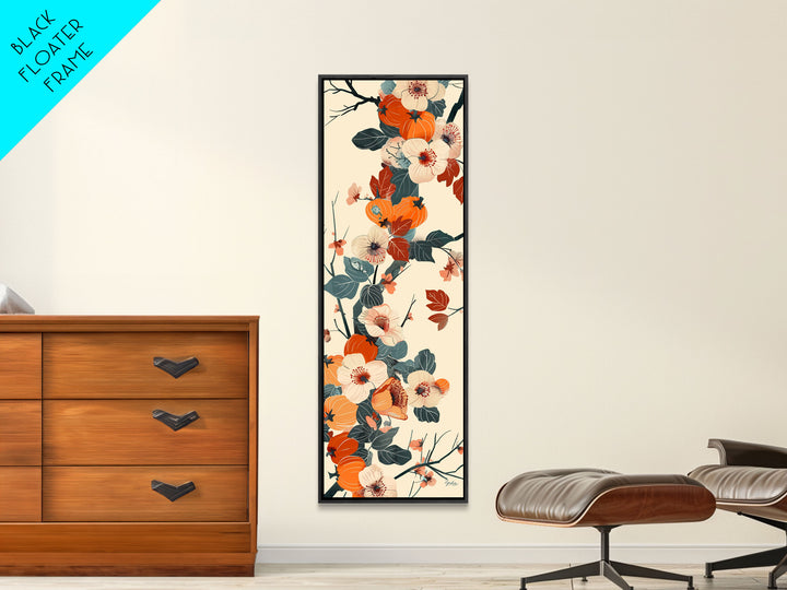 Skinny Art of Persimmon Branch with Delicate White Flowers – Japanese-Inspired Framed Canvas Print