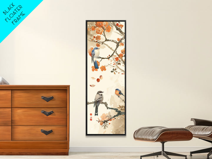 Japanese Art Inspired by Tranquil Birds and Blossoms, Framed Canvas Print for Tall Skinny Art Lovers in Ukiyo-e Style