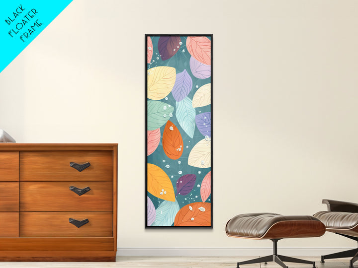 Floating Leaves in Soft Pastel Colors, Skinny Tall Art with Japanese Influence, Framed Canvas Print in Ukiyo-e Style