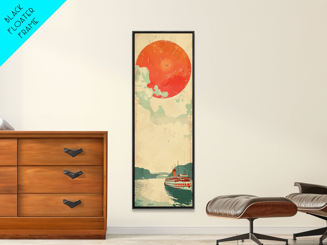 Large Red Sun Over River, Japanese Art Inspired by Ukiyo-e, Framed Canvas Print for Tall Skinny Wall Spaces