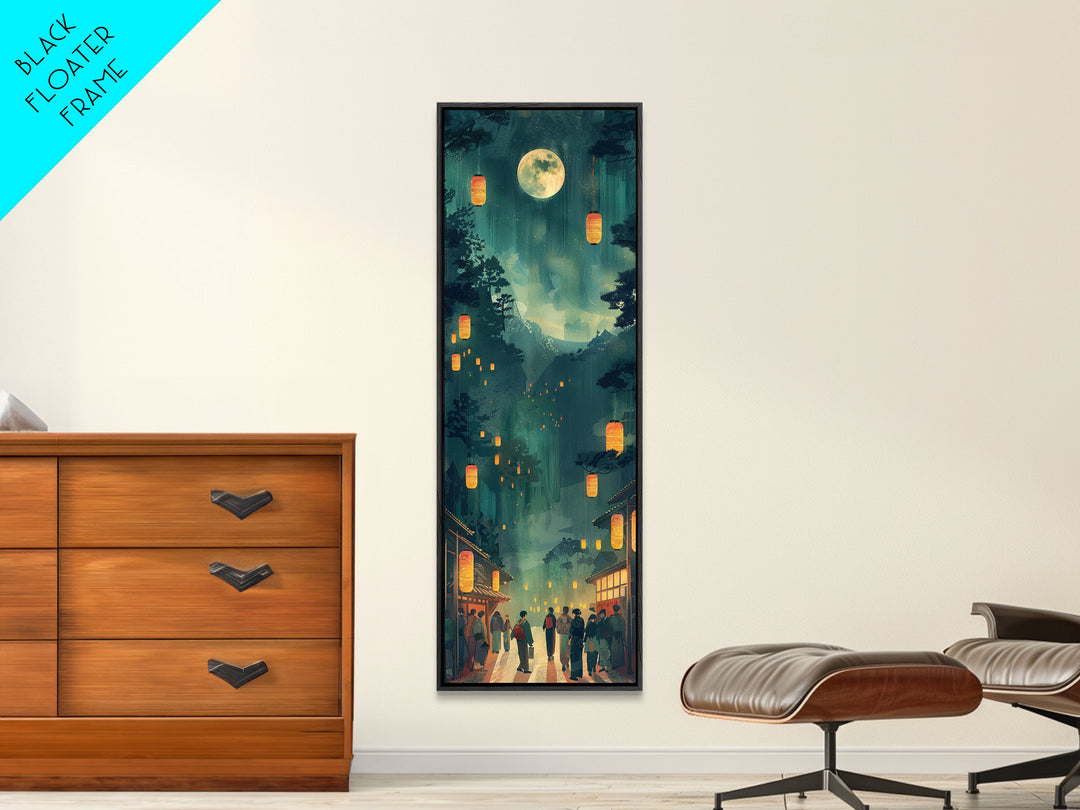 Framed Canvas Print Of A Nighttime Japanese Festival Scene With Lanterns And Pine Trees, Traditional Wall Art Ready To Hang