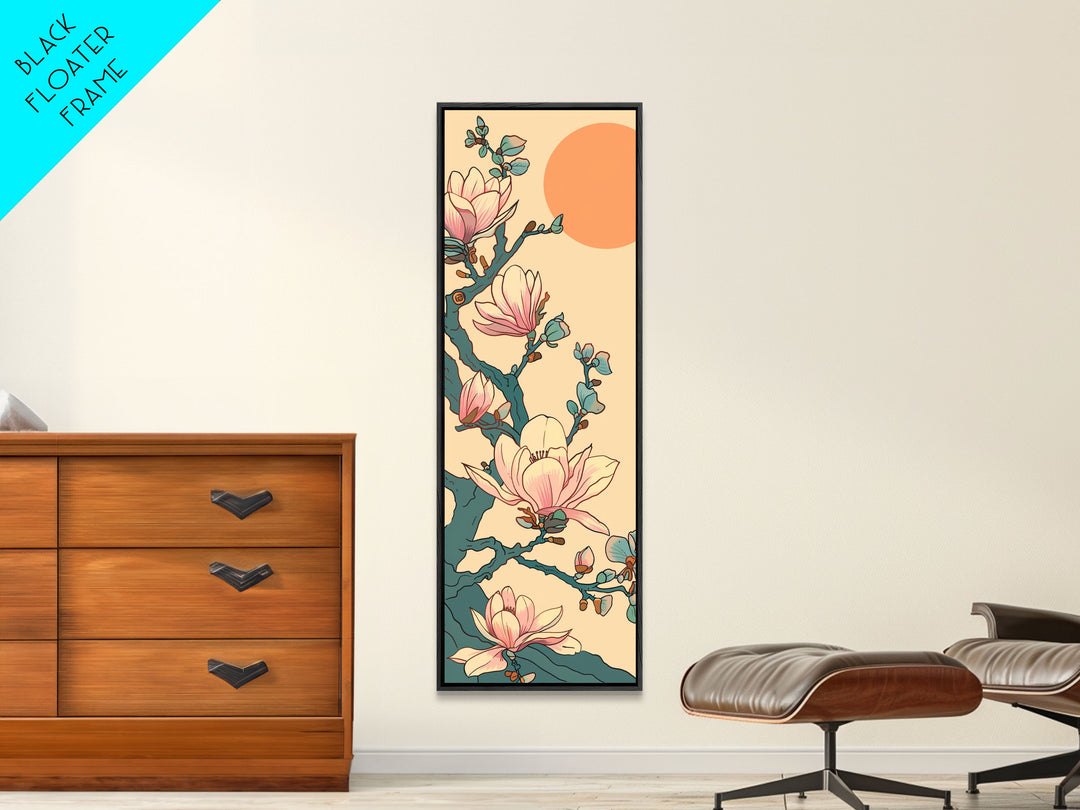 Delicate Magnolia Blossoms in Ukiyo-e Style, Tall Skinny Framed Canvas Print, Japanese Art for Vertical Spaces