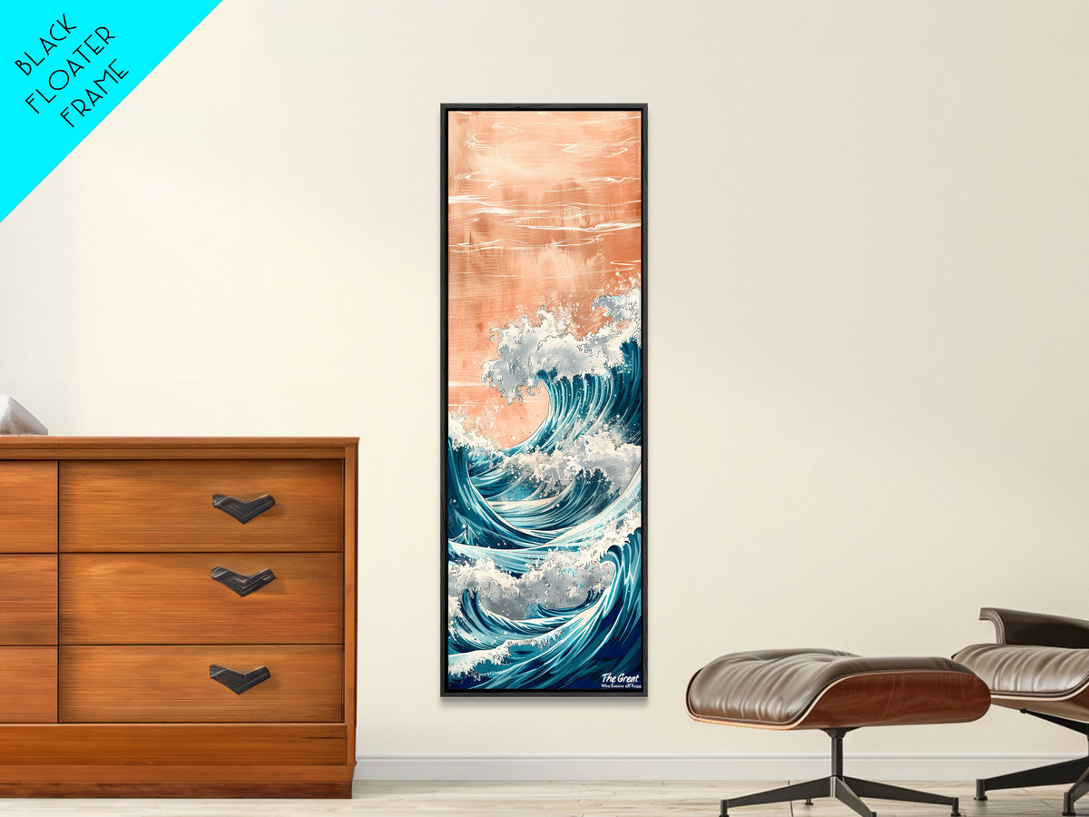 Majestic Wave, Peach Sky, Japanese Art, Skinny Art, Tall Art, Framed Canvas Print, Ukiyo-e Style