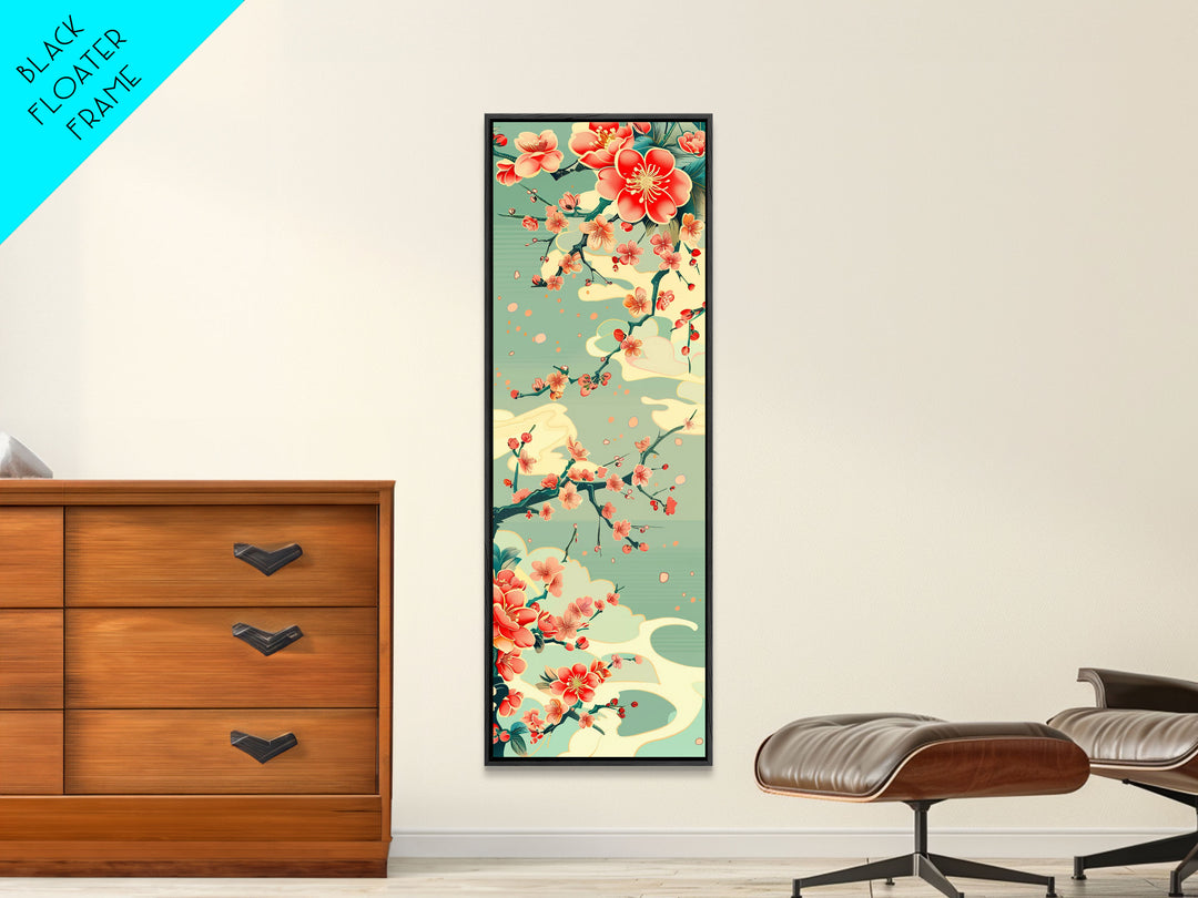 Plum Blossoms, Turquoise Sky, Japanese Art, Skinny Art, Tall Art, Framed Canvas Print, Ukiyo-e Style