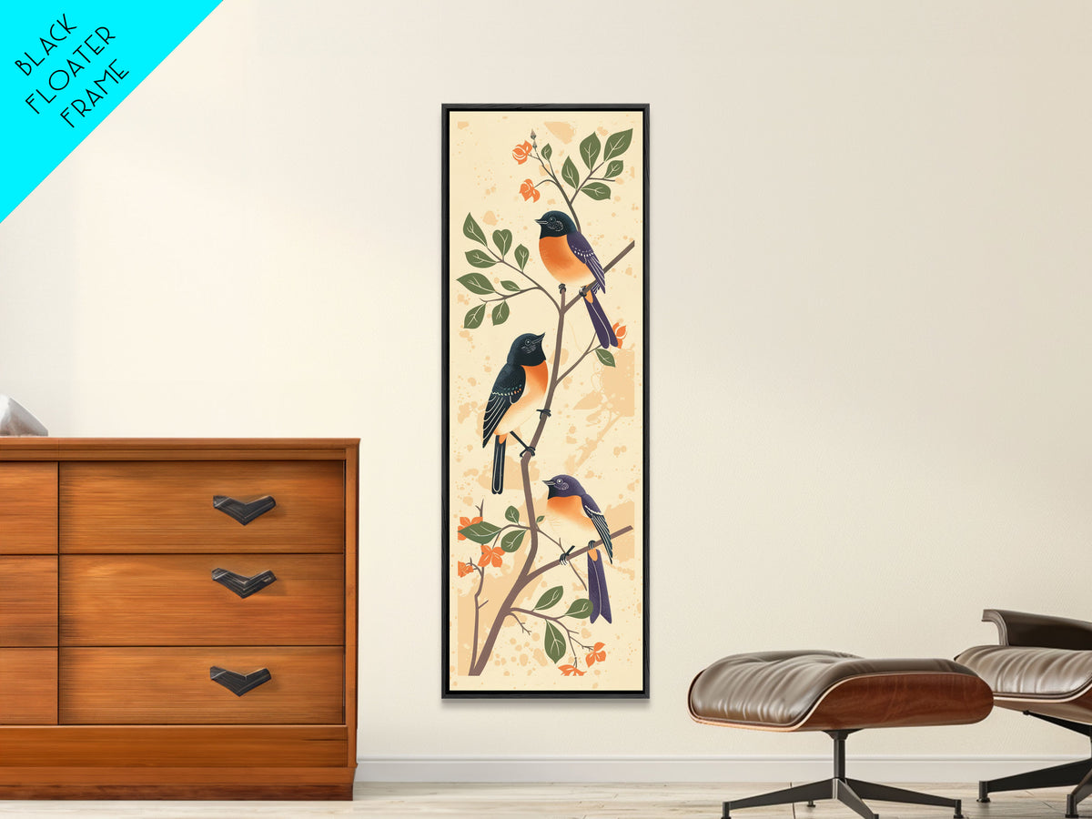 Three Birds Perched On A Branch Japanese Style Framed Canvas Print, Traditional Illustration Art Ready To Hang For Home Decor