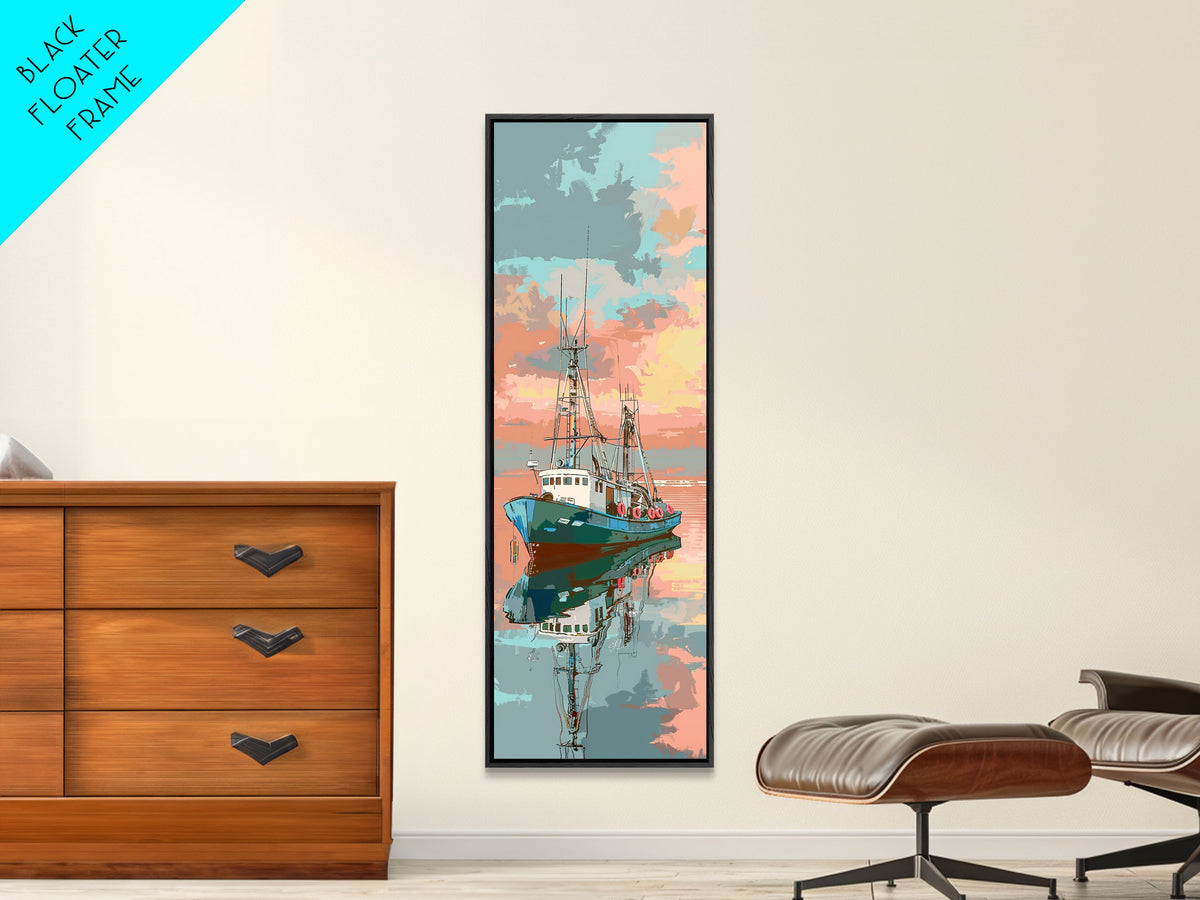 Fishing Boat, Calm Waters, Japanese Art, Skinny Art, Tall Art, Framed Canvas Print, Ukiyo-e Style