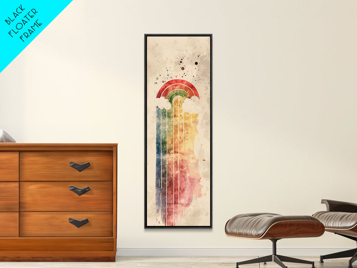 Vintage-Inspired Rainbow Waterfall Ukiyo-e Art Skinny Framed Canvas Print in Neutral Tones