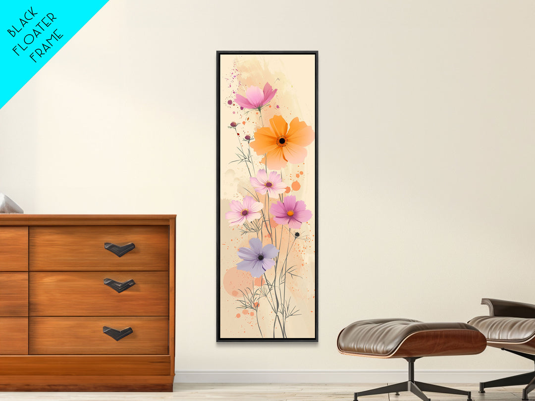Delicate Flowers in Soft Pastel Colors Skinny Art Ukiyo-e Style Tall Framed Canvas Print for Home Décor