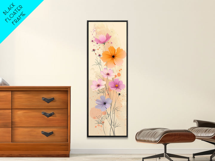 Delicate Flowers in Soft Pastel Colors Skinny Art Ukiyo-e Style Tall Framed Canvas Print for Home Décor