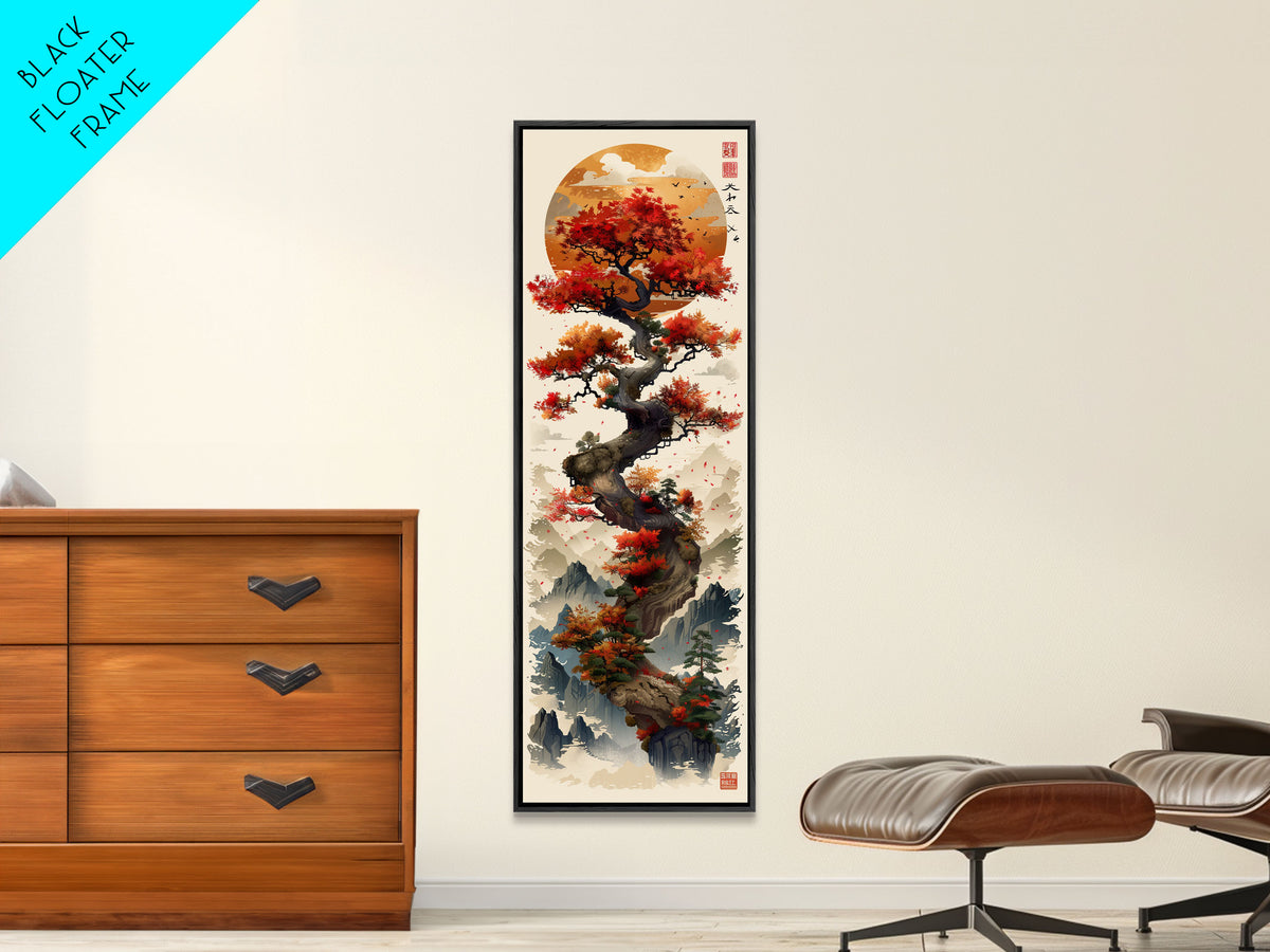 Majestic Bonsai Tree Under the Golden Sun Skinny Art Ukiyo-e Tall Framed Canvas Print with Mountain Landscape
