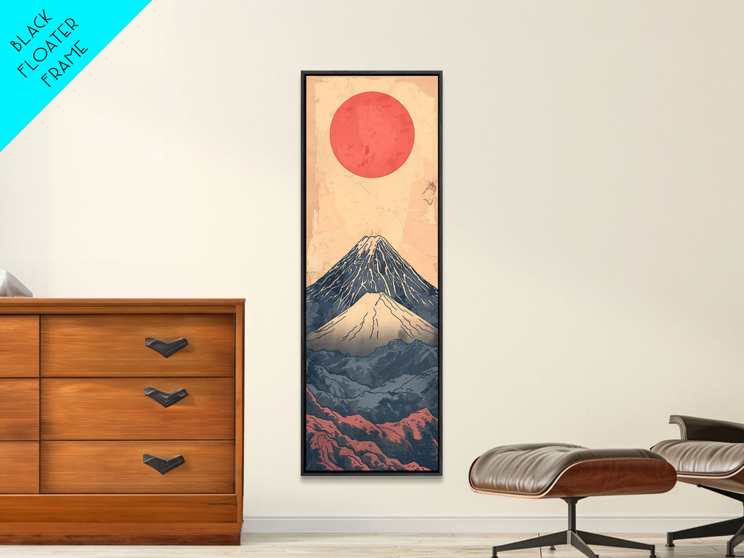 Mount Fuji Under a Red Sun Skinny Art Ukiyo-e Tall Framed Canvas Print Inspired by Japanese Landscape