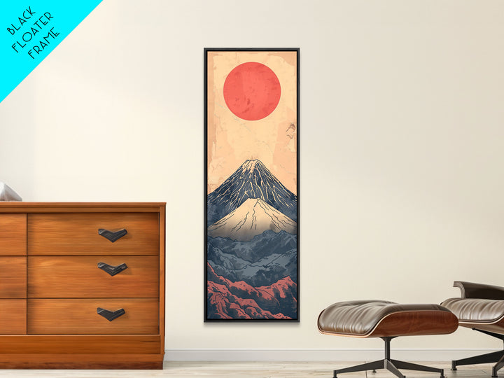 Mount Fuji Under a Red Sun Skinny Art Ukiyo-e Tall Framed Canvas Print Inspired by Japanese Landscape