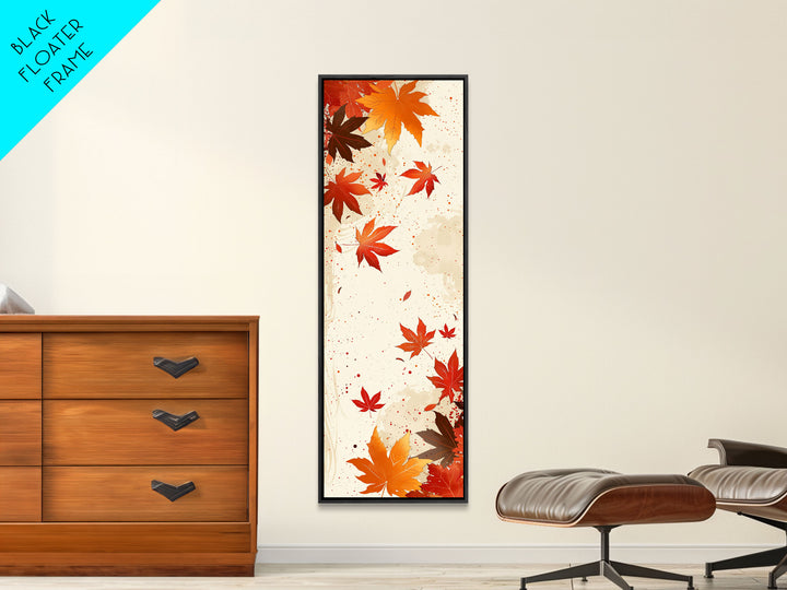 Skinny Art Autumn Leaves In Japanese Style Wood Block Print Warm Red And Orange Tones On Framed Canvas Print, Tall Art Ukiyo-e