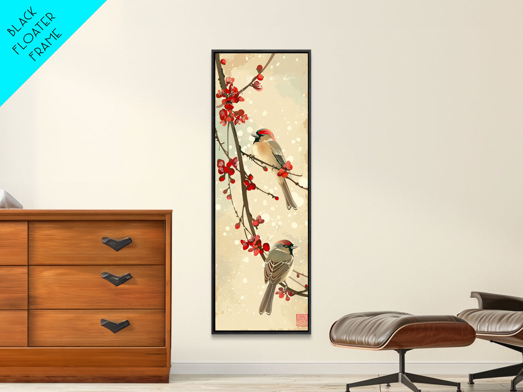 Skinny Art Sparrows And Cherry Blossoms In Japanese Style Wood Block Print Gentle Color Palette On Framed Canvas Print, Tall Art Ukiyo-e
