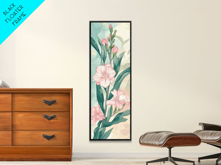 Skinny Art Pink Oleander Flowers In Japanese Style Wood Block Print Elegant Pastel Hues On Framed Canvas Print, Tall Art Ukiyo-e