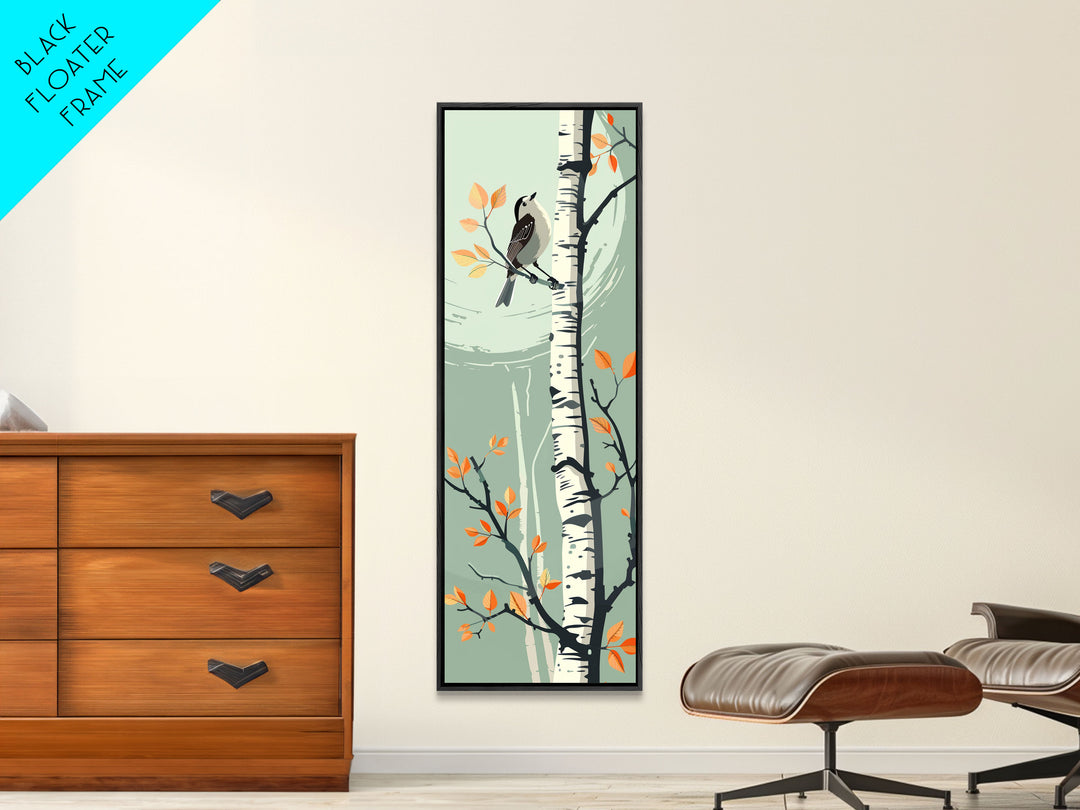 Skinny Art Bird On Birch Tree In Japanese Style Wood Block Print Autumn Tones On Framed Canvas Print, Tall Art Ukiyo-e