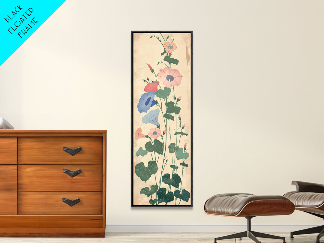 Skinny Art Tall Art Framed Canvas Print Stylized Morning Glory Blossoms In Subtle Pastel Hues Ukiyo-e Japanese Style Art Wood Block Print