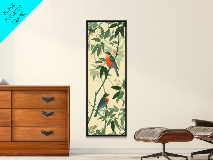 Skinny Art Tall Art Framed Canvas Print Birds Amongst Dense Greenery And Red Flowers Ukiyo-e Japanese Style Art Wood Block Print