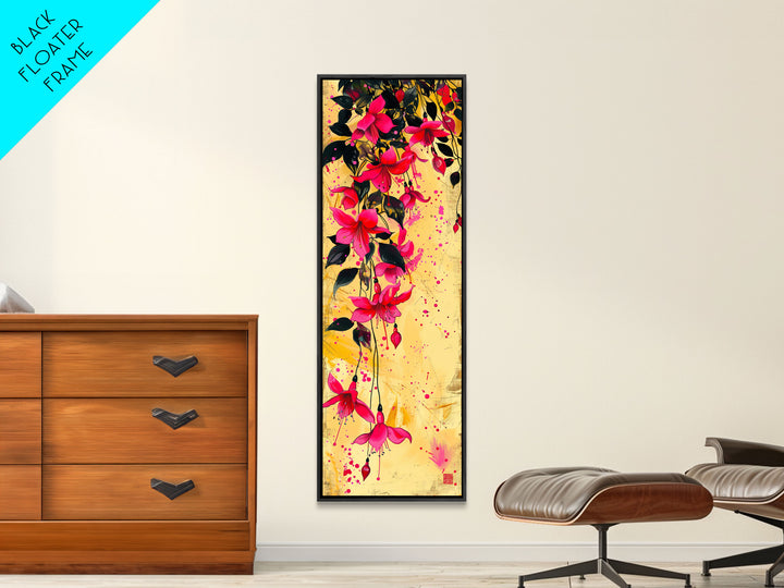Skinny Art Tall Art Framed Canvas Print Bold Fuchsia Flowers In Dynamic Composition Over A Vibrant Yellow Background Ukiyo-e Japanese Style Art