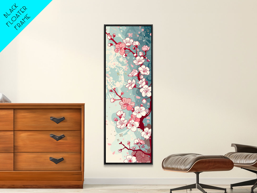 Delicate Pink Flowers On Branch Gentle Tones Skinny Art Tall Art Framed Canvas Print Japanese Style Art Ukiyo-e Art Wood Block Print Floral