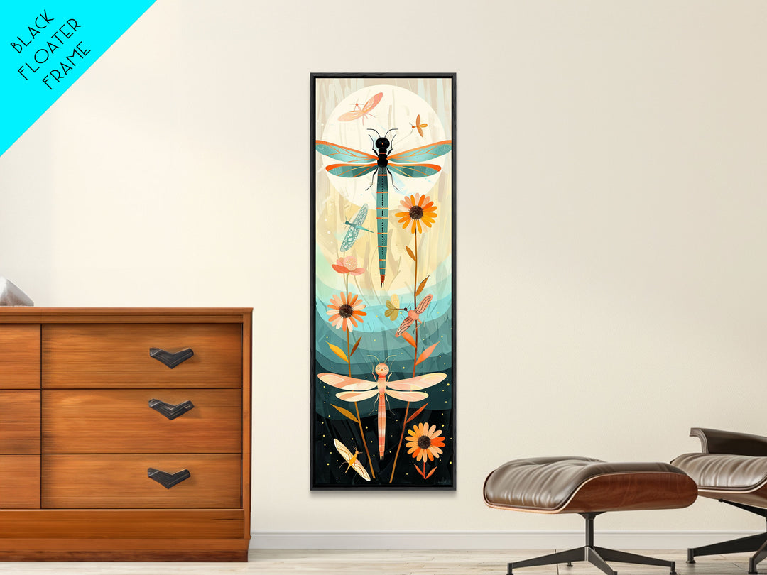 Dragonfly Gathering Night Glow Vibrant Colors Skinny Art Tall Art Framed Canvas Print Japanese Style Art Ukiyo-e Art Wood Block Print Insect Art