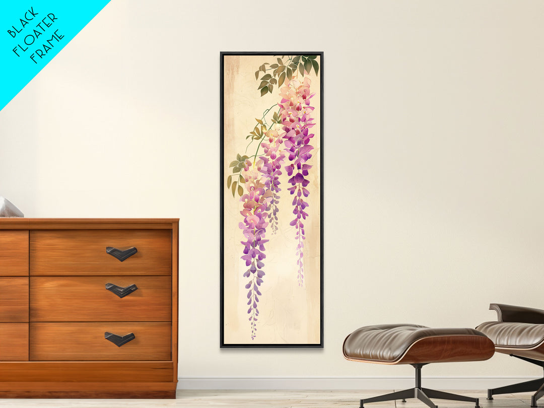 Hanging Wisteria Flowers In Purple Tones Japanese Style Framed Canvas Print, Wall Art Ready To Hang For Living Spaces