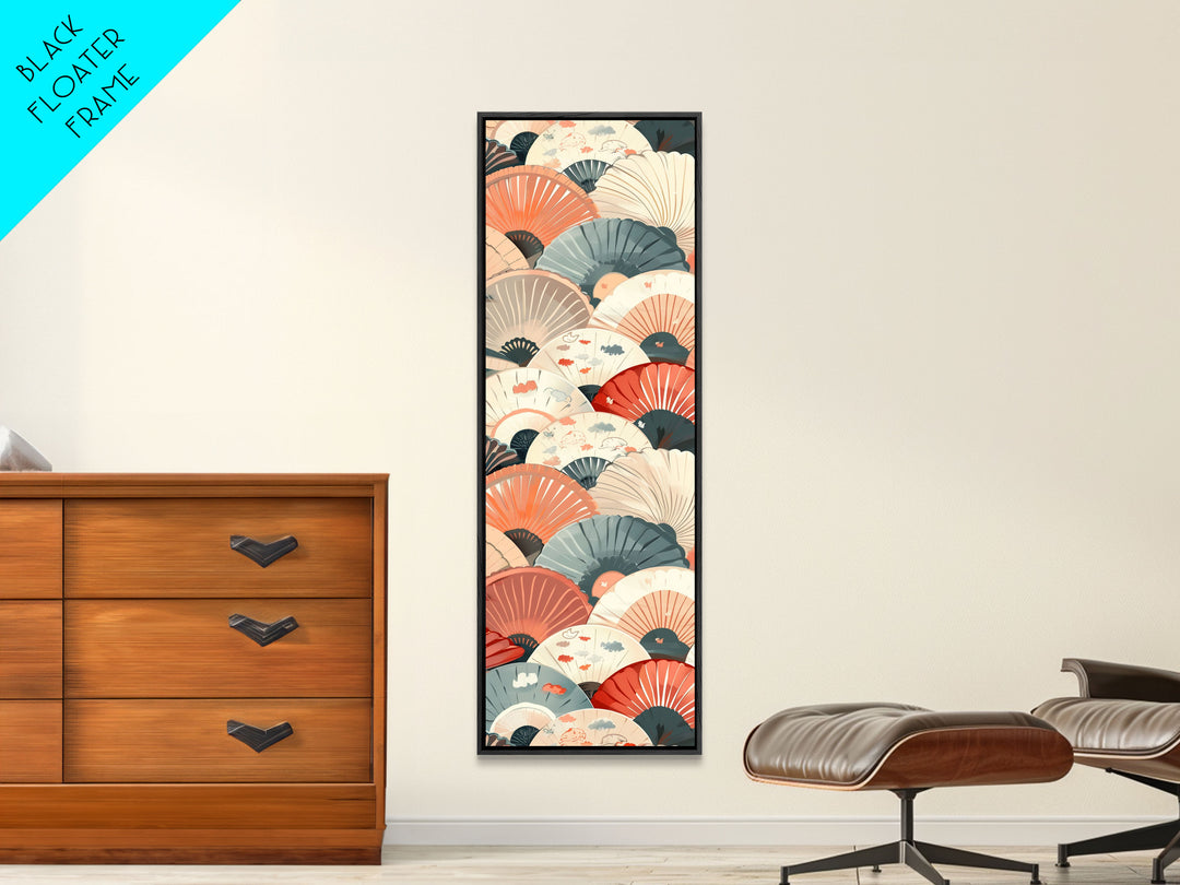 Pattern Of Overlapping Japanese Fans On Beige Background Tall Art Skinny Art Framed Canvas Print Japanese Style Art Ukiyo-e Wood Block Print