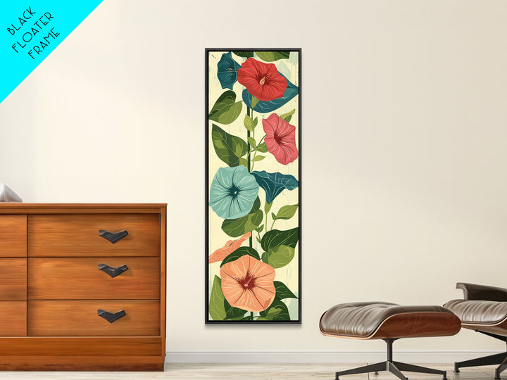 Morning Glory Flowers In Vibrant Red And Blue Shades Tall Art Skinny Art Framed Canvas Print Japanese Style Art Ukiyo-e Wood Block Print