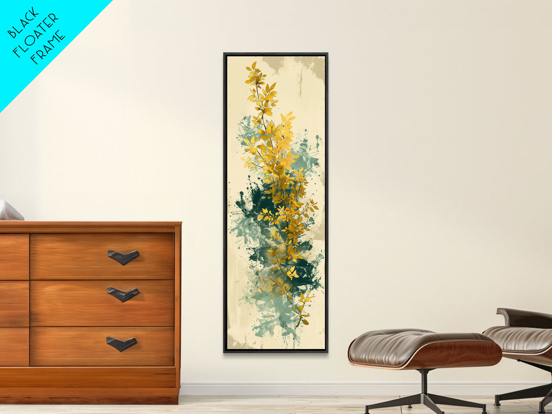 Golden Foliage Set Against Green Textured Background Skinny Art Tall Art Framed Canvas Print Japanese Style Art Ukiyo-e Art Wood Block Print Natural Elegant