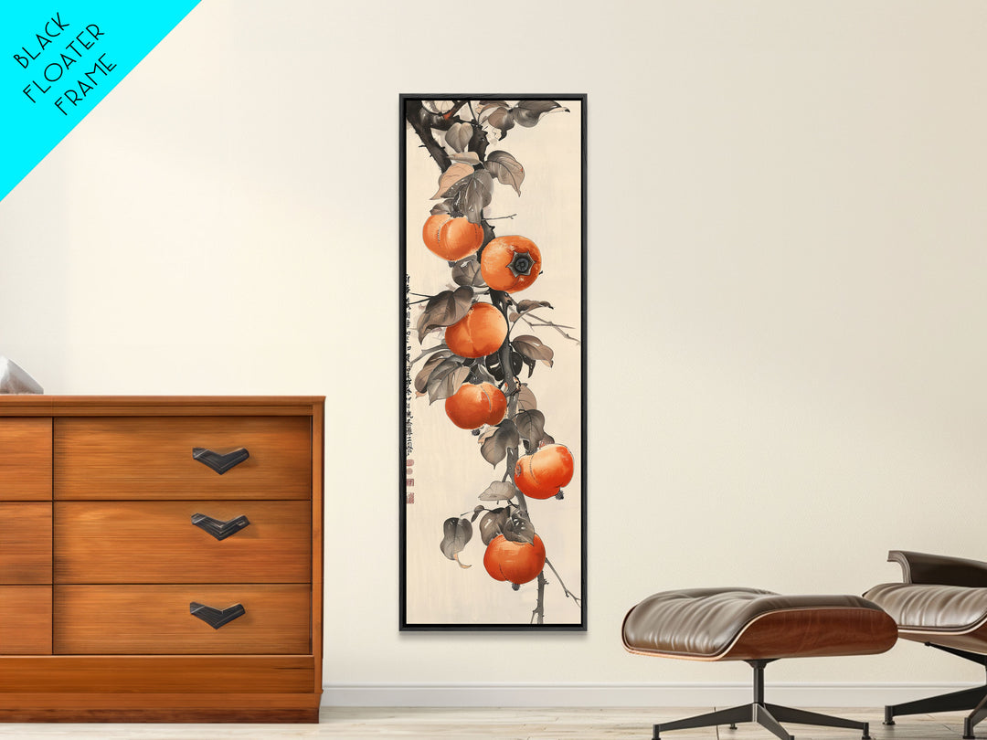 Bountiful Persimmons On Tree Branch Skinny Art Tall Art Framed Canvas Print Japanese Style Art Ukiyo-e Art Wood Block Print Seasonal Natural