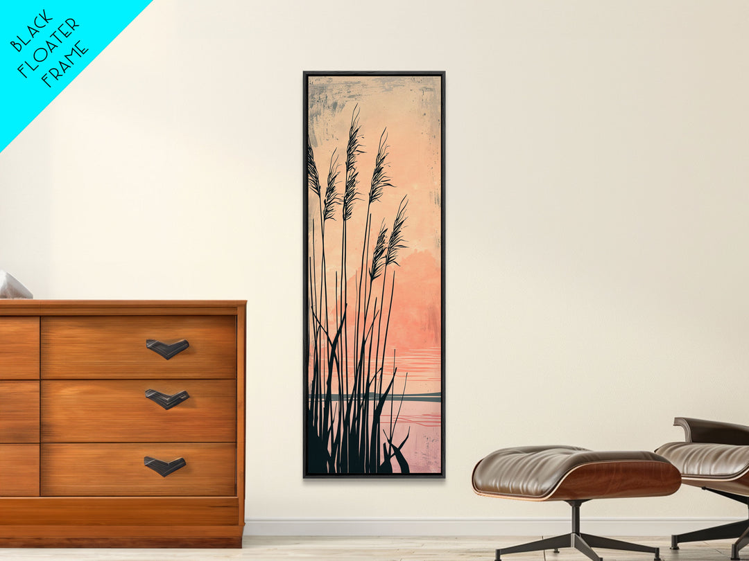 Reeds Silhouetted Against Soft Orange Sunset Skinny Art Tall Art Framed Canvas Print Japanese Style Art Ukiyo-e Art Wood Block Print Tranquil Scenic