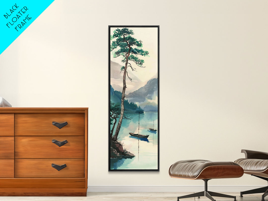 Framed Canvas Print Serene Lake Scene With Tall Pine Tree And Sailboats, Vintage Asian Landscape Art For Home Decor, Wall Decoration