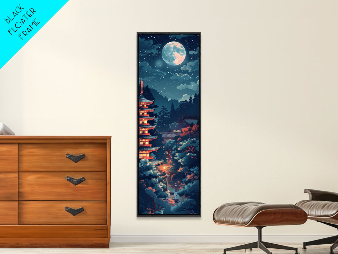 Peaceful Japanese Temple And Pagoda Under A Full Moon, Skinny Art Tall Wall Art Framed Canvas Print Japanese Style Art