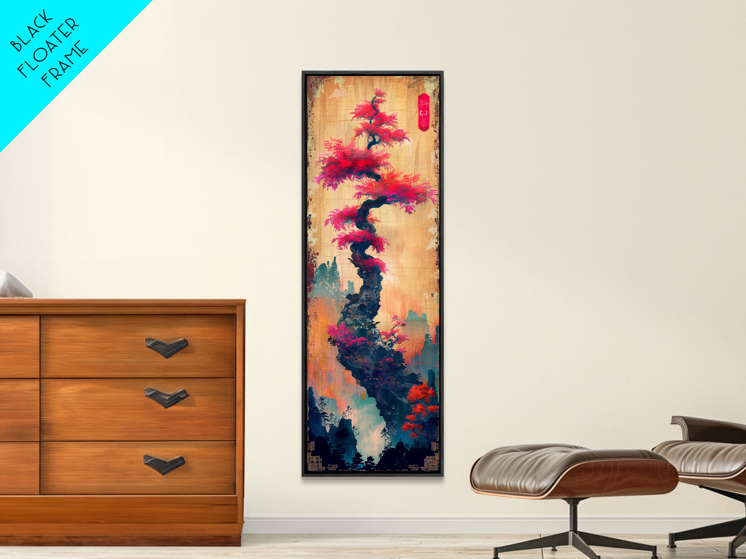 Bonsai Tree With Red Leaves On Gradient Background Wood Block Print Ukiyo-e Wall Art Tall Art Skinny Art Japanese Style