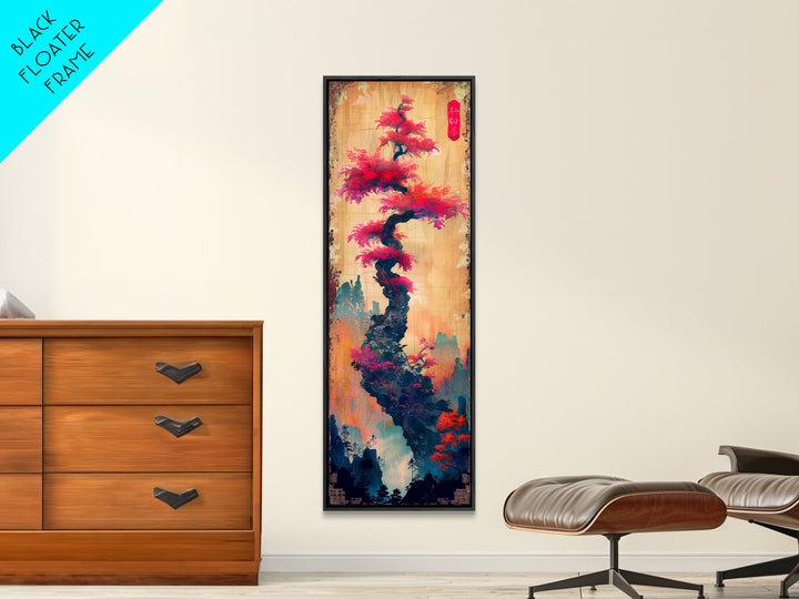 Bonsai Tree With Red Leaves On Gradient Background Wood Block Print Ukiyo-e Wall Art Tall Art Skinny Art Japanese Style